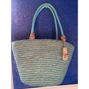 Cappelli‎ Straworld Inc. Aqua Straw Handbag Tote Purse Raffia Lined Beachy